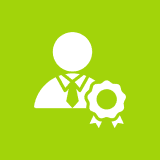 Person icon with award badge, green background.