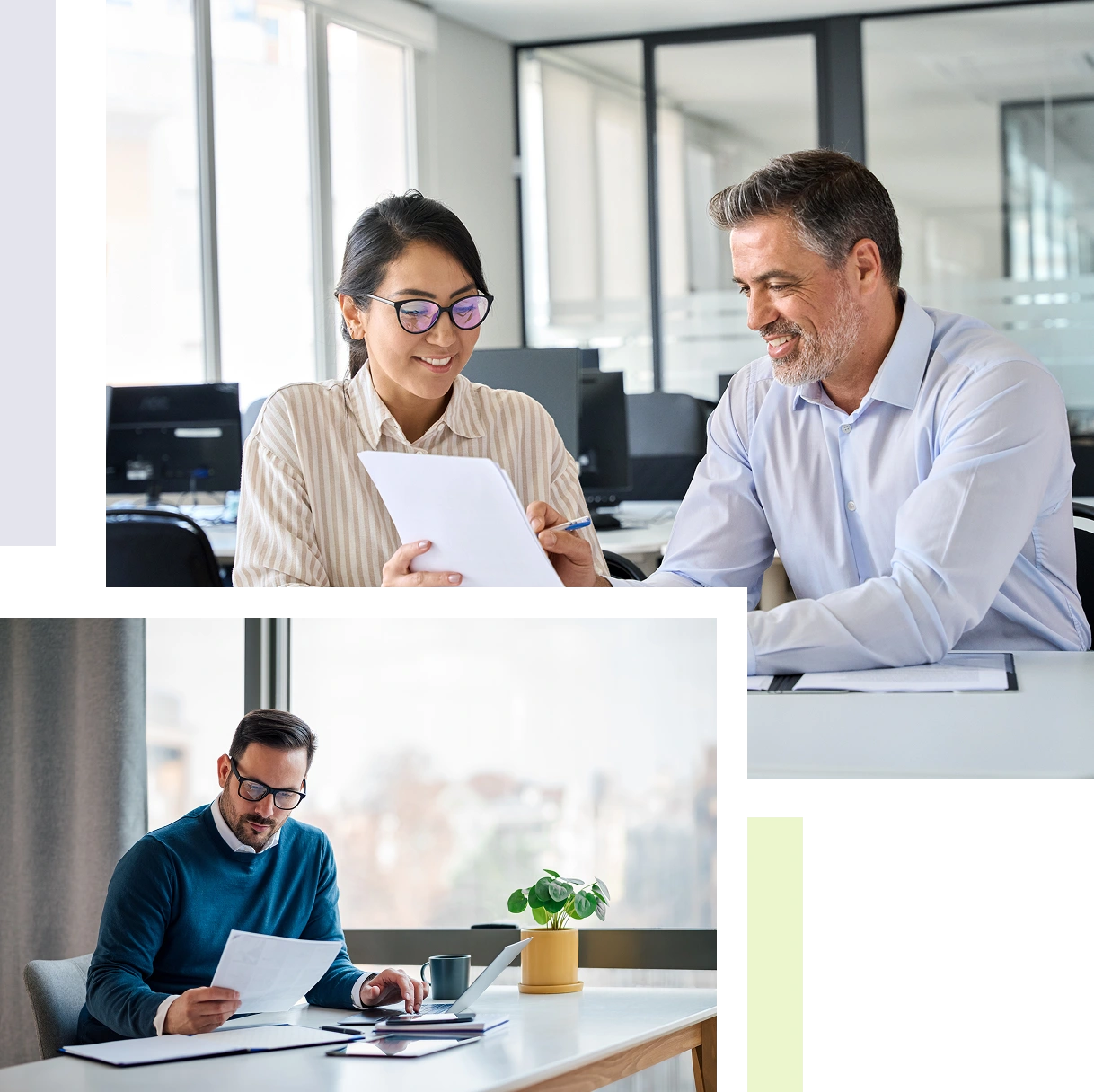 Two business meetings in office settings.